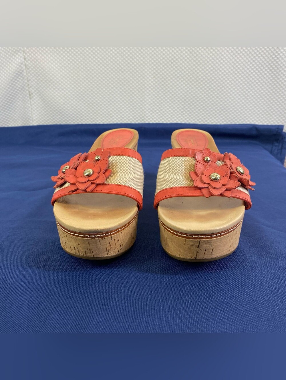 Coach Jesaca Floral Leather Cork Wedge Sandals Coral Pink Size 9B - Picture 5 of 8